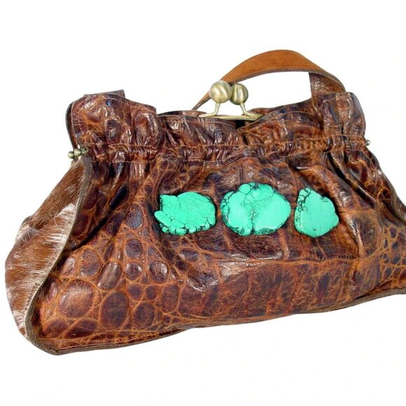 ARAHOE $400 Western Croc Leather Turquoise Kisslock Bag - Made in the USA - Picture 11 of 13
